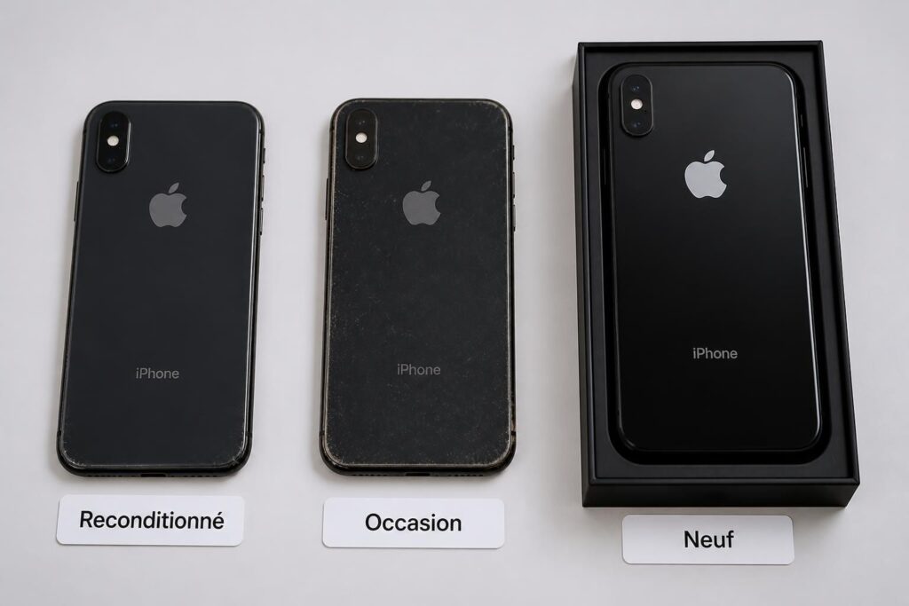 découvrez les différences entre un smartphone reconditionné, d'occasion ou neuf pour faire le meilleur choix selon votre budget et vos besoins.